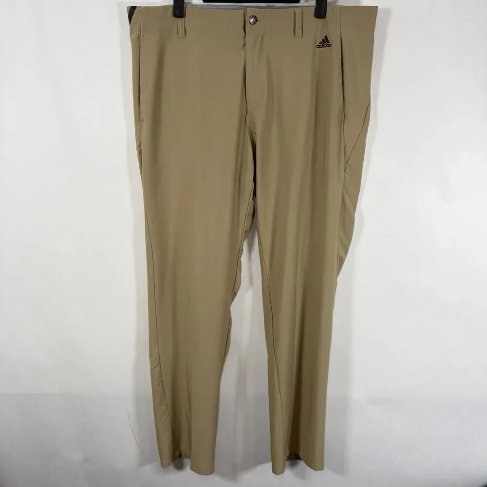 Adidas Golf Pants Mens Size 36x30 Tan Khaki Performance Stretch Three Stripe EUC